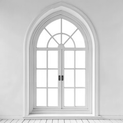 Realistic high-resolution image of a arched window with multiple panes, showing subtle light coming through, isolated on a pure white cyclorama, even studio lighting.