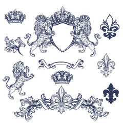 Set of heraldic vector luxury coat of arms with lions, crowns and hand drawn fleur de lis illustration in vintage style