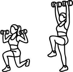 vector illustration of woman doing reverse lunge shoulder press exercise, isolated on white