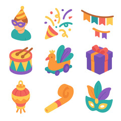 Carnival Icon Set. Isometric Flat icon set of Carnival Festival Celebration: person wearing party hat and masquerade mask,