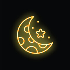 Yellow glowing neon line icon of a crescent moon decorated with stars shining in the dark