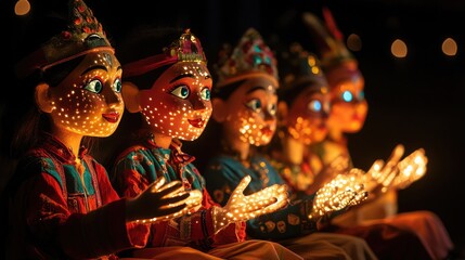 Intricate handcrafted puppets glow in the dark, adorned with traditional attire and radiant lights, creating a mesmerizing display of artistry and cultural heritage against a dark stage.