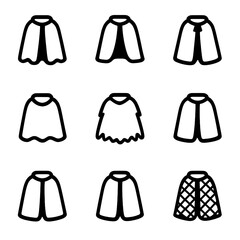 Capes Icon Collection. Solid, filled icon set of capes by material: velvet cape, silk cape, leather cape, wool cape, fur cape,