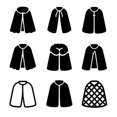 Capes Icon Collection. Solid, filled icon set of capes by material: velvet cape, silk cape, leather cape, wool cape, fur cape,