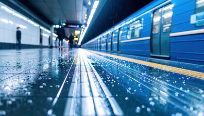Obraz premium Wet Subway Platform with Footprints and UV Glow at Low Angle