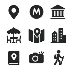 Naklejka na ściany i meble City Exploration Icons. Solid, filled icon set of exploring cities: location pin, metro sign, museum icon, cafe table, street map,