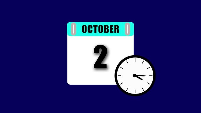 October 2 calendar date and analog clock displaying time on a blue background
