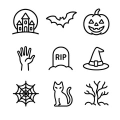 Obraz premium Halloween Icon Set. Outline icon set of Halloween full moon spookiness: haunted house silhouette, flying bat, jack-o’-lantern,