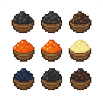 Caviar Pixel Art. Pixel art icon set of caviar varieties: beluga, osetra, sevruga, salmon roe, trout roe, whitefish roe, lumpfish