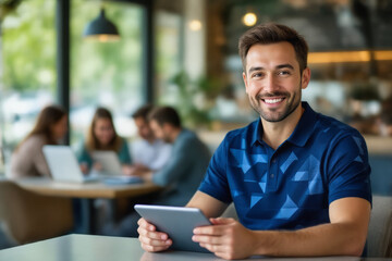 A smiling man in a blue polo shirt holds a tablet while seated in a blurred cafe setting.