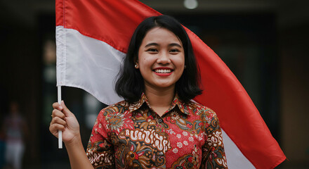 Gadis Woman with Indonesian Flag on 17 August 1945, Anniversary of Indonesian Independence in an Urban Environment