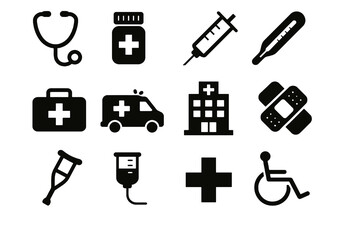 Black set of 12 health icons. Minimal vector for treatment, clinics, and medicine.