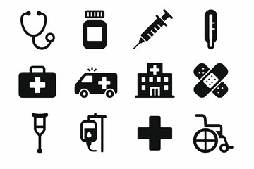 12 black medical icons. Solid vector for healthcare, emergency, and wellness.