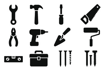 12 black construction icons. Solid vector for tools, building, and repair.