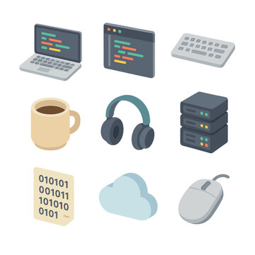 Coding Session Icons. Isometric Flat icon set of Coding and Programming Sessions: laptop, code editor screen, keyboard, mouse,