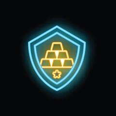 Neon sign of a blue shield protecting gold bars, representing the concept of financial security