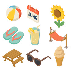 June Icons Collection. Isometric Flat icon set of June: beach ball, calendar page “June”, sunflower, flip-flop sandals, lemonade