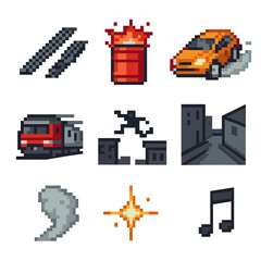 Cinematic Chase Icons. Pixel art icon set of cinematic chase elements: tire skid mark, exploding barrel, drifting car, speeding