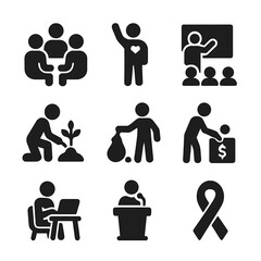 Community Icons Grid. Solid, filled icon set of community involvement: group meeting, volunteer, education session, planting tree,