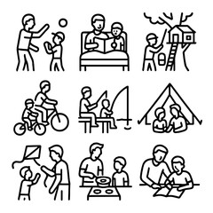 Father-Child Activity Icons. Outline icon set of father-child bonding activities: playing catch, reading bedtime stories, building