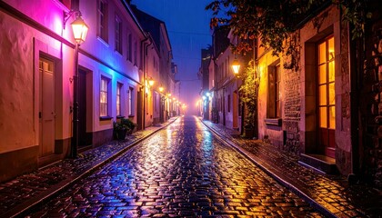 Fototapeta premium Wet Neon Alley at Midnight with Rain and Cobblestone Pavement