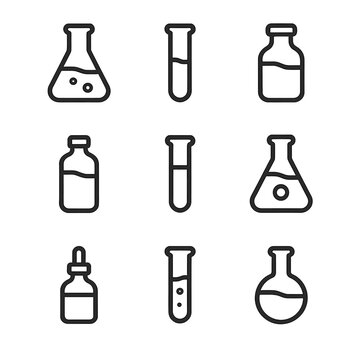 Laboratory Liquids Icons. Outline icon set of laboratory liquids: hydrochloric acid, sodium hydroxide solution, ethanol, distilled