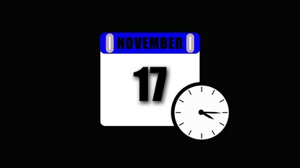 November 17 calendar and clock illustration on black background concept