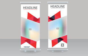 Geometric Red Roll-Up Banner Template for Modern Business and Events. Perfect for digital marketing, branding presentations, trade shows, and business promotions. Editable file.