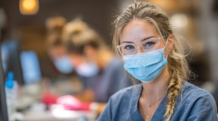 Confident young nurse wearing a surgical mask and glasses in a medical office