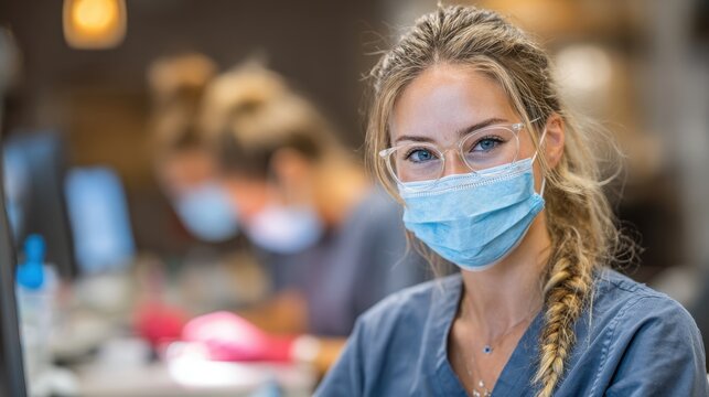 Confident young nurse wearing a surgical mask and glasses in a medical office