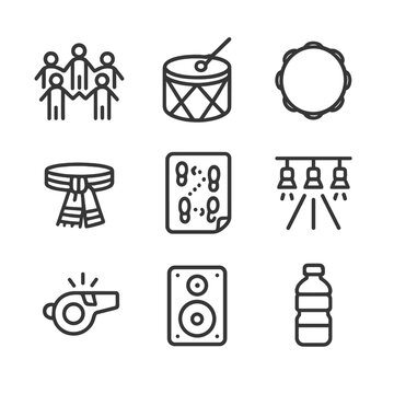 Folk Dance Icon Set. Outline icon set of folk dance choreography sessions: dance circle, drum, tambourine, costume sash, choreo