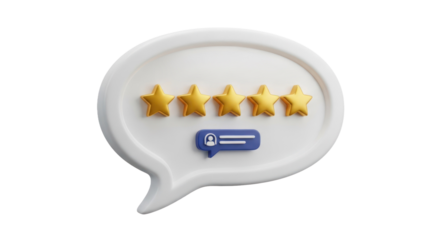 White Speech Bubble with Five Golden Stars and Blue Information Icon Isolated Transparent Background