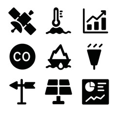 Fototapeta premium Climate Monitoring Icons. Solid, Filled icon set of climate monitoring: weather satellite, thermometer buoy, climate graph, CO₂