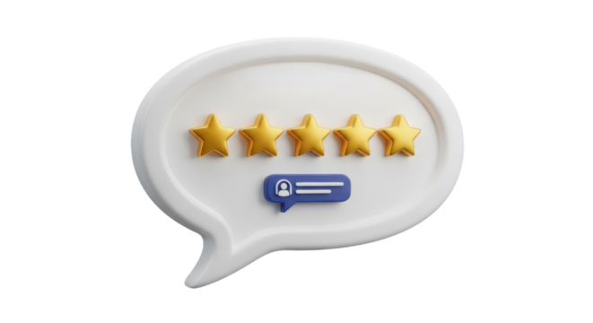 White Speech Bubble with Five Golden Stars and Blue Information Icon Isolated Transparent Background