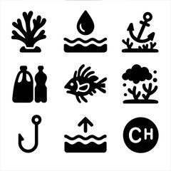 Obraz premium Coral Reef Threats Icons. Solid, filled icon set of threats to coral reefs: bleaching coral, oil spill, anchor damage, plastic
