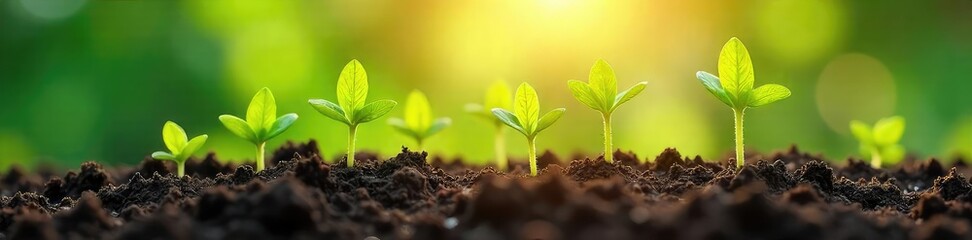 Vibrant Green Seedlings Bursting from Soil  A Symbol of Growth, Sustainability, and a Bright Future.  Sunlight illuminates these thriving young plants, representing potential and renewal.