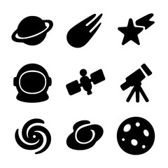 Cosmic Icon Collection. Solid, filled icon set of cosmic theme: planet, comet, shooting star, astronaut helmet, satellite,