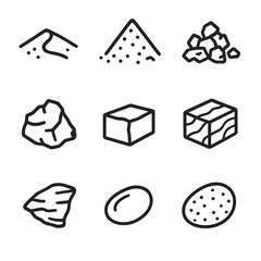 Mineral Aggregate Icons. Outline icon set of mineral aggregates: sand dune, gravel heap, crushed stone, limestone chunk, granite