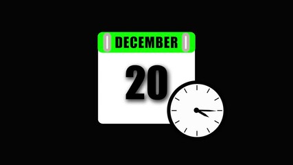 Digital animation of a calendar showing december 20th and a clock illustrating time and date concepts