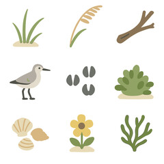 Coastal Flora and Fauna Icons. Flat icon set of coastal flora and fauna: dune grass, sea oats, driftwood, sandpiper, crab track,