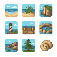 Coastal Landscape Icons. Pixel art icon set of coastal landscapes: sandy beach, dune grass, cliff face, lighthouse, boardwalk,