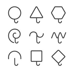 Geometric Wall Hooks. Outline icon set of geometric wall hooks: circle hook, triangle hook, hexagon hook, spiral hook, wave hook,