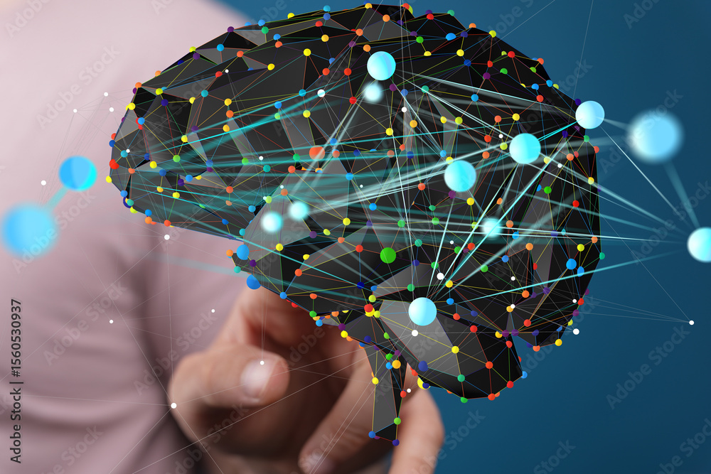 Poster Abstract digital brain visualization.  AI, neural networks, and cognitive science concepts.