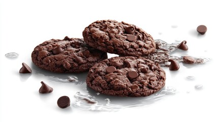 Three delicious double chocolate cookies with milk splashes on white background.