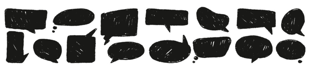 Rough crayon  black speech shapes with sketchy chalk texture for punk poster overlays, bold school decor, emotional designs. Rebellious vector stickers. © Oly