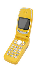 Yellow Flip Phone Displaying Dark Screen and Silver Buttons Isolated Transparent Background