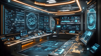High-tech control room with numerous screens displaying complex data visualizations, under glowing neon lighting