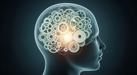 Obraz premium Conceptual image showing gears inside a transparent human head against a dark background