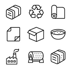 Paper and Pulp Icons. Outline icon set of paper and pulp materials: wood pulp bale, recycled paper stack, kraft paper roll, tissue