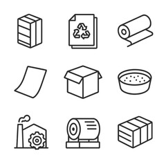 Paper and Pulp Icons. Outline icon set of paper and pulp materials: wood pulp bale, recycled paper stack, kraft paper roll, tissue